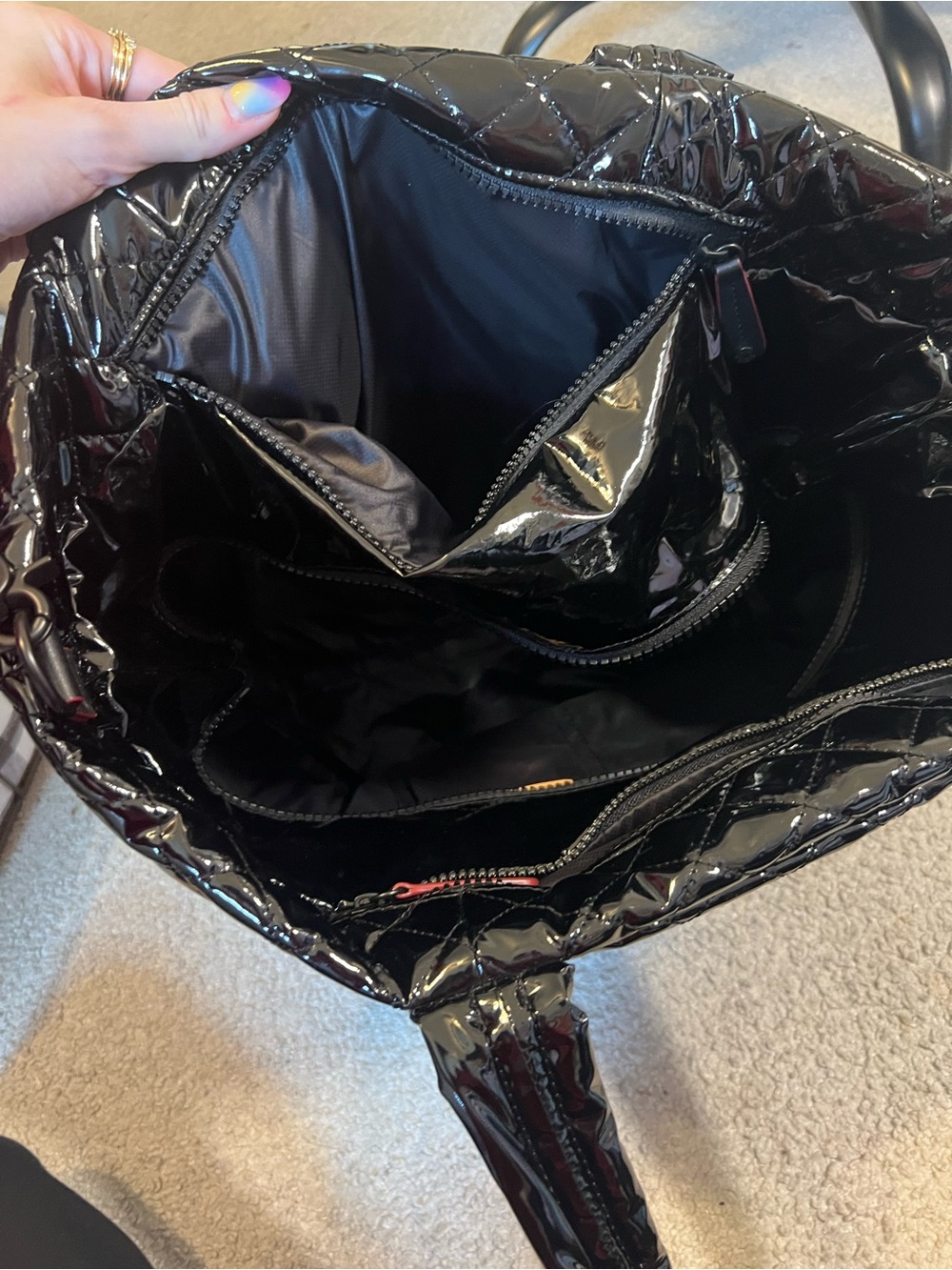 Quilted Patent Tote Bag - Black - Picture 4 of 5